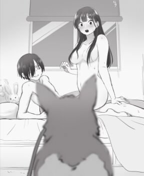 1boy 1girl blush boku_no_kokoro_no_yabai_yatsu breasts clenched_teeth collarbone completely_nude convenient_censoring cowgirl_position dog eyes_visible_through_hair foreshortening full_body futon girl_on_top greyscale hair_censor hair_over_one_eye hetero highres ichikawa_kyoutarou implied_sex indoors long_hair looking_at_viewer lying medium_breasts mole mole_on_neck monochrome multiple_moles narumi_(62rimi) navel nude on_back open_mouth ringed_eyes short_hair signature straddling teeth wide-eyed window yamada_anna