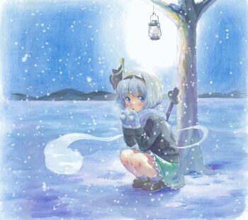 1girl :o animated animated_gif bare_tree blue_eyes blush bob_cut breath coat covering_own_mouth female_focus frilled_socks frills hair_ribbon hairband hands_on_own_face hitodama katana konpaku_youmu lamp lantern long_sleeves looking_at_viewer mary_janes mittens mountain nature night open_mouth outdoors ribbon scabbard scarf sheath shoes short_hair silver_hair skirt sky snow snowing socks solo squatting sword touhou traditional_media tree tsumimitsu weapon white_socks winter winter_clothes