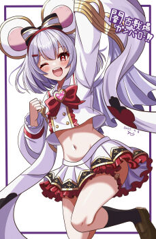 1girl ;d absurdres animal_ear_hairband animal_ears arm_up black_socks blush bob_cut border bow_hairband brooch brown_shoes buttons clenched_hand commentary_request crop_top cropped_shirt dated double-breasted double-parted_bangs fake_animal_ears fist_pump furisode_sleeves gold_buttons granblue_fantasy grey_hair groin hair_ornament hairband hairclip heart heart_brooch highres jewelry kneehighs layered_sleeves loafers long_sleeves looking_at_viewer medium_hair midriff miniskirt mouse_ears navel one_eye_closed open_mouth pleated_skirt red_eyes red_hairband shirt shoes skirt smile socks solo vikala_(granblue_fantasy) white_shirt white_skirt yanapy