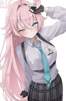 1girl aqua_necktie arm_up black_gloves blue_archive blue_eyes breasts collared_shirt commentary dot_nose fingerless_gloves gloves hair_between_eyes halo hand_on_own_head heterochromia highres hoshino_(blue_archive) light_blush long_hair long_sleeves looking_at_viewer necktie non_non427 pink_hair pink_halo shirt simple_background skirt strap very_long_hair white_shirt yellow_eyes