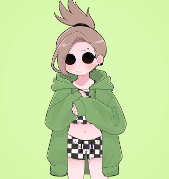 1girl alternate_costume blush borrowed_clothes brown_hair checkered_clothes checkered_shorts commentary_request cowboy_shot drawstring eddsworld eyebrow_piercing face_piercing green_background green_hoodie hair_behind_ear highres hollow_eyes hood hood_down hoodie long_sleeves looking_at_viewer mau_(edd_tom) midriff navel open_clothes open_hoodie piercing short_hair shorts simple_background solo standing tamara_(eddsworld) topknot