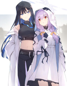 2girls atsuko_(blue_archive) bare_shoulders baseball_cap belt black_belt black_hair black_hat black_pants blue_archive blue_eyes blue_hair blue_halo blunt_bangs bow braid breasts buckle chest_harness closed_mouth coat colored_inner_hair commentary_request cross-laced_clothes cross-laced_sleeves dress gloves hair_between_eyes hair_bow halo hand_in_pocket harness hat headpat highres hood hood_up hooded_coat large_breasts long_hair long_sleeves looking_at_another low_twin_braids midriff miya_kazutomo multicolored_hair multiple_girls navel no_mask off_shoulder pants parted_lips purple_hair red_eyes saori_(blue_archive) shirt sidelocks sleeveless sleeveless_shirt small_breasts smile snap-fit_buckle standing twin_braids white_coat white_dress white_halo yellow_bow