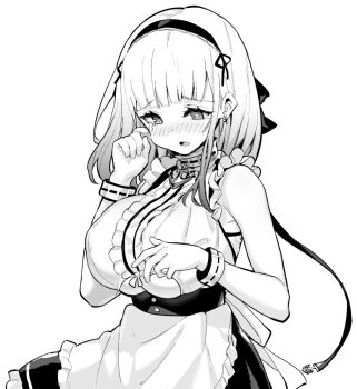 1girl anchor_choker apron azur_lane bare_shoulders blush bow bracelet breasts button_eyes buttons clothing_cutout commentary cowboy_shot crying crying_with_eyes_open dido_(azur_lane) dot_nose earrings eyelashes finger_to_eye frills greyscale hair_bow hair_ornament hair_ribbon hairband hori_(hori_no_su) jewelry lace-trimmed_hairband lace_trim large_breasts long_hair maid maid_apron monochrome official_art open_mouth raised_inner_eyebrows ribbon sad sideboob sleeveless solo tears underboob underboob_cutout waist_apron wavy_mouth white_background