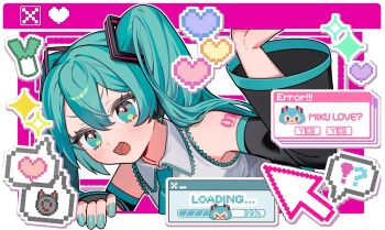 1girl aqua_eyes aqua_hair aqua_necktie arm_tattoo black_arm_warmers blue_nails blush character_name collared_shirt commentary_request double-parted_bangs enma614_(patidonn) grey_shirt hair_between_eyes hatsune_miku long_hair looking_at_viewer nail_polish necktie number_tattoo open_mouth pixelated progress_bar shirt sidelocks sleeveless sleeveless_shirt solo tattoo twintails upper_body user_interface vocaloid