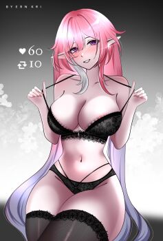 1girl black_bra black_panties black_thighhighs bra breasts collarbone commentary cyrene_(honkai:_star_rail) cyrene_(ripples_of_past_reverie)_(honkai:_star_rail) ern_kri highres honkai:_star_rail honkai_(series) large_breasts like_and_retweet multiple_boys navel panties pink_hair pointy_ears purple_eyes purple_hair simple_background solo stomach symbol-only_commentary thighhighs underwear white_hair