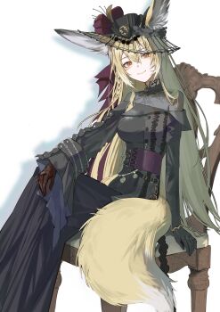 absurdres animal_ears arknights black_dress black_gloves black_hat black_jacket blonde_hair breasts corset crossed_legs dress fox_ears fox_girl fox_tail gloves hat highres hrk_(dxez4457) jacket large_breasts long_hair looking_at_viewer off-shoulder_jacket off_shoulder orange_eyes purple_corset scar scar_on_face simple_background sitting tail vulpisfoglia_(arknights) white_background
