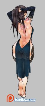 1girl arm_tattoo armor arms_behind_head artist_name ass back_tattoo backless_dress backless_outfit black_hair blue_eyes breasts butt_crack castlevania:_order_of_ecclesia castlevania_(series) detached_sleeves dimples_of_venus dress faulds feet gluteal_fold jago_dibuja konami long_hair medium_breasts see-through_clothes shanoa_(castlevania) sideboob simple_background soles solo tattoo