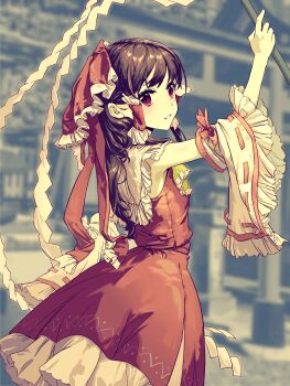 1girl absurdres arm_up ascot black_hair blurry blurry_background bow detached_sleeves feet_out_of_frame frilled_ascot frilled_bow frilled_hair_tubes frills from_side gohei green_ascot hair_bow hair_tubes hakurei_reimu highres long_hair parted_lips red_bow red_eyes red_skirt red_vest shrine skirt solo touhou vest white_sleeves wide_sleeves ya_yuan