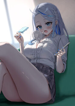 1girl absurdres amagai_ruka arale_(ara1e) bare_legs between_breasts blue_eyes blue_hair blue_nails blue_streaks blush braid breasts cellphone cleavage colored_inner_hair commentary_request ear_piercing electric_fan fang food forehead frilled_shirt frills grey_hair half_crown_braid highres indoors large_breasts long_hair long_sleeves miniskirt multicolored_hair open_mouth partially_unbuttoned phone piercing plaid_clothes plaid_skirt pleated_skirt popsicle shirt shirt_tucked_in sitting skin_fang skirt smartphone solo streaked_hair virtual_youtuber weather_planet white_shirt