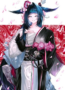 1girl :d absurdres arknights beads black_kimono black_sash blue_eyes blue_hair blunt_bangs chest_sarashi commentary cowboy_shot eyes_visible_through_hair falling_petals flower grin hair_flower hair_ornament hand_on_own_chest highres holding japanese_clothes kimono long_hair long_sleeves mio_(arknights) open_mouth petals pink_flower sarashi sash smile solo standing white_kimono wide_sleeves yuki_flourish