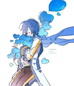 Rule 34 | 1boy, balloon, blue hair, blue scarf, blue trim, blush, closed eyes, closed mouth, coat, commentary, feet out of frame, hazime, heart, heart balloon, holding, kaito (vocaloid), long sleeves, male focus, pants, parted hair, scarf, simple background, sleeve cuffs, solo, untranslatable commentary, vocaloid, watermark, white background, white coat