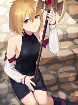 1boy armpit_crease bare_shoulders between_thighs black_boots black_dress blonde_hair boots bulge closed_mouth commentary commission covered_collarbone covered_erect_nipples covered_navel crossdressing crossdressing_(mtf) detached_sleeves dot_nose dress feet_out_of_frame hand_up highres holding holding_staff long_hair looking_at_viewer looking_up male_focus neck_ribbon original red_eyes red_ribbon ribbon short_hair sitting smile solo staff stairs stone_stairs sunaba_(nczd5875) sunlight trap white_sleeves