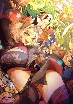 1boy 5girls @_@ absurdres animal_ear_fluff animal_ears baseball_bat belted_skirt black_helmet black_jacket black_mask black_panties black_skirt black_thighhighs black_tube_top blonde_hair blush body_fur breasts burnice_white cactus caesar_king_(zenless_zone_zero) can cat_ears cat_girl cat_tail chibi cleavage closed_eyes closed_mouth combat_helmet commentary_request drink drunk eyewear_on_head furry furry_female green_hair hair_between_eyes hair_intakes helmet highres holding holding_baseball_bat holding_can holding_drink jacket large_breasts lighter_(zenless_zone_zero) luciana_de_montefio mask mask_around_neck metal_baseball_bat midriff mouth_mask multiple_girls open_mouth panties pickelhaube piper_wheel pulchra_fellini red-tinted_eyewear red_eyes red_scarf respirator scarf short_hair short_twintails skirt spiked_belt spiked_jacket spilling star_(symbol) strapless sunglasses tail thighhighs tinted_eyewear tube_top twintails underwear yama_kabosu yellow_fur zenless_zone_zero