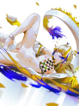 1girl arknights blonde_hair blue_eyes blue_hair breasts brown_hair censored commentary completely_nude cup dragon_girl dragon_horns dragon_tail english_commentary expressionless gradient_eyes hand_up highres holding holding_cup horns iumu knee_up light_frown long_hair looking_at_viewer lying multicolored_eyes multicolored_hair navel nipples nude on_side pussy red_eyes shu_(arknights) small_breasts solo spread_legs stomach tail very_long_hair