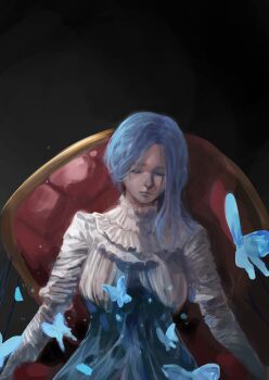 1girl blue_butterfly blue_hair body_horror bug butterfly chair closed_eyes closed_mouth commentary_request crying death decay dokomon dress highres insect korean_commentary lies_of_p long_hair on_chair solo sophia_monad spoilers streaming_tears tears white_dress