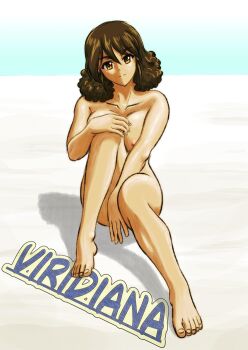 1girl blush breasts brown_eyes brown_hair character_name closed_mouth gemini69 girls_und_panzer large_breasts looking_at_viewer nipples nude short_hair smile solo viridiana_(girls_und_panzer)