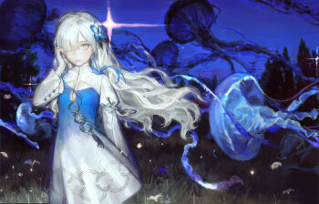 Rule 34 | absurdres, blue background, blue dress, blue eyes, blue flower, blue sky, blue streaks, blunt bangs, breasts, chinese commentary, cleavage cutout, closed mouth, clothing cutout, collared dress, colored tips, commentary request, commission, dress, english text, feet out of frame, floating, floating animal, floating hair, flower, grass, hair flower, hair ornament, hair over one eye, hand on own face, high collar, highres, isekaijoucho, jellyfish, juliet sleeves, kamitsubaki studio, lens flare, long hair, long sidelocks, long sleeves, multicolored hair, on ground, painterly, power lines, puffy sleeves, sidelocks, sky, small breasts, solipsist, standing, streaked hair, tassel, transmission tower, tree, two-tone dress, very long hair, virtual youtuber, white dress, white hair, wide sleeves, wind, wind lift