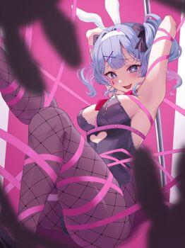 Rule 34 | 1girl, aegyo sal, amanegi toro, animal ears, armpits, arms up, bdsm, black leotard, blue eyes, blue hair, blurry, blurry foreground, blush, bondage, bound, breasts, clothing cutout, commentary request, cutout above navel, eyelashes, fishnet pantyhose, fishnets, hatsune miku, heart, heart-shaped pupils, heart cutout, highres, large breasts, leotard, lower teeth only, medium hair, necktie, pantyhose, pink background, pink necktie, playboy bunny, pole, rabbit ears, rabbit hole (vocaloid), restrained, ribbon, solo, spaghetti strap, stripper pole, symbol-shaped pupils, teardrop, teeth, twintails, vocaloid