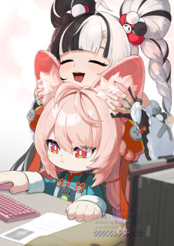 2girls animal_ear_fluff animal_ears animal_hands black_hair blush braid closed_eyes commentary_request computer_keyboard computer_mouse detached_sleeves dialyn_(zenless_zone_zero) double_bun expressionless furry furry_female green_shirt hair_bun hat highres long_hair multicolored_hair multiple_girls open_mouth pink_hair rabbit_ears rabbit_girl red_eyes revision shirt sitting smile twin_braids two-tone_hair uixy white_hat white_sleeves zenless_zone_zero zhao_(zenless_zone_zero)