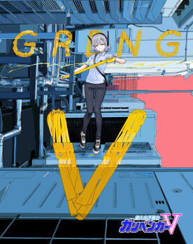 Rule 34 | 1girl, bag, black pants, black shoes, blue eyes, collared shirt, grey hair, hair ornament, hairclip, highres, looking at viewer, original, pants, shirt, shoes, short hair, short sleeves, shoulder bag, smile, solo, tanaka hirotaka, tape, white shirt, wide shot