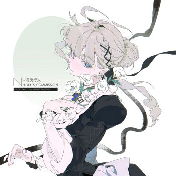 1girl absurdres ahoge black_ribbon blue_eyes braid brown_hair brown_nails closed_mouth colored_eyelashes commission eyelashes fingernails flower hai_yexing_ren highres long_hair long_sleeves mihuashi_commission nail_polish original ribbon smile solo square upper_body watermark white_background white_flower