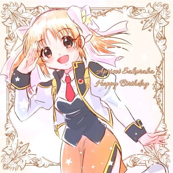 Rule 34 | 1girl, :d, anjou seira, apricot sakuraba, character name, cowboy shot, flower, galaxy angel, galaxy angel rune, happy birthday, highres, long hair, long sleeves, necktie, open mouth, orange hair, orange skirt, pencil skirt, red necktie, ribbon, salute, short twintails, skirt, smile, solo, twintails