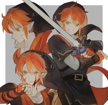 Rule 34 | 1boy, a15179222, alternate color, black hat, black tunic, blood, blood on face, blood on hands, border, commentary request, earrings, fingerless gloves, gloves, green eyes, grey background, hair between eyes, hat, highres, holding, holding sword, holding weapon, hyrule warriors, injury, jewelry, link, male focus, master sword, multiple views, nintendo, one eye closed, orange gloves, orange hair, phrygian cap, pointy ears, shirt, short hair, sidelocks, solo, sweat, sword, the legend of zelda, tunic, twitter username, vambraces, weapon, white border, white shirt