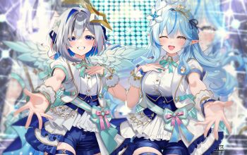 2girls :d ;d absurdres ahoge amane_kanata angel_wings aqua_sash blue_corset blue_hair blue_shorts blue_wings bob_cut bow collared_shirt colored_inner_hair colored_tips commentary_request concert corset crossed_bangs double-parted_bangs dress_shirt feathered_wings flower frilled_skirt frills gradient_wings grey_hair hair_between_eyes hair_flower hair_ornament hair_over_one_eye hair_ribbon halo hand_on_own_chest heart heart_ahoge highres hololive hololive_idol_uniform_(bright) idol idol_clothes jacket long_hair looking_at_viewer mini_wings multicolored_hair multicolored_wings multiple_girls official_alternate_costume one_eye_closed open_mouth outstretched_arm overskirt pink_streaks pointy_ears puffy_short_sleeves puffy_sleeves purple_eyes reaching reaching_towards_viewer ribbon sash shirt short-sleeved_jacket short_hair short_shorts short_sleeves shorts sidelocks single_hair_intake skirt smile star_halo streaked_hair thigh_strap tiara tilted_halo tilted_headwear uekana9 underbust very_long_hair virtual_youtuber waist_bow white_jacket white_shirt white_skirt white_wings wings wrist_cuffs yellow_eyes yukihana_lamy