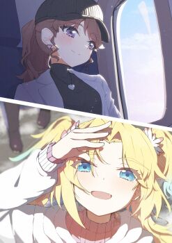 2girls :d absurdres airplane_interior baseball_cap black_hat blonde_hair brown_hair commentary_request curtained_hair earrings fang fujishima_megumi fujishima_megumi_(post-graduation) gradient_hair grey_jacket hat heart heart_earrings heart_necklace highres hood hoodie jacket jewelry link!_like!_love_live! long_hair love_live! mira-cra_park! multicolored_hair multiple_girls necklace open_clothes open_jacket open_mouth osawa_rurino osawa_rurino_(winter_casual) parted_bangs pink_sweater ponytail purple_eyes ribbed_sweater sio_pasta smile suit_jacket sweater twintails virtual_youtuber white_hoodie