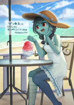 1girl aka_tadaima bandaged_leg bandages beach braid cloud colored_skin commentary_request commission day dress eating food green_skin holding holding_spoon ice_cream_spoon indie_virtual_youtuber ocean open_mouth outdoors red_eyes sharp_teeth shaved_ice shore sitting skeb_commission solo spoon summer sunlight table teeth translation_request twin_braids virtual_youtuber white_dress zombie zonbko