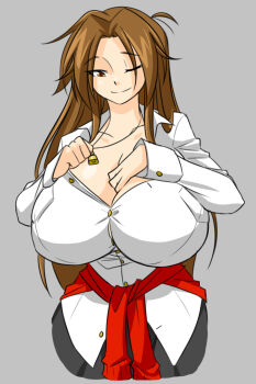 1girl breasts brown_eyes brown_hair cleavage cleavage_reach clothes_around_waist cowboy_shot ego_trigger female_focus graph_(graphiteknight) grey_background huge_breasts long_hair mattie_(ego_trigger) narrow_waist one_eye_closed original shirt smile solo sweater sweater_around_waist unbuttoned