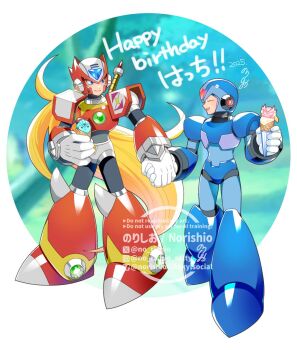 Rule 34 | 2boys, android, armor, blonde hair, blue armor, blue eyes, blue helmet, blurry, blurry background, chest jewel, closed eyes, commentary request, english text, forehead jewel, full body, happy birthday, helmet, highres, holding, holding hands, holding ice cream cone, ice cream cone, long hair, mega man (series), mega man x (series), multiple boys, no-rishio, red armor, red helmet, standing, watermark, white background, x (mega man), zero (mega man)