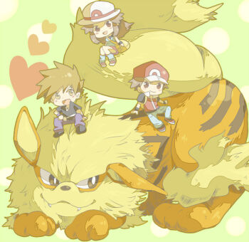 Rule 34 | 1girl, 2boys, arcanine, backpack, bag, blue oak, brown eyes, brown hair, chibi, closed mouth, gen 1 pokemon, hat, heart, leaf (pokemon), multiple boys, nago celica, nintendo, open mouth, pokemon, pokemon (creature), pokemon frlg, red (pokemon), smile, yellow bag