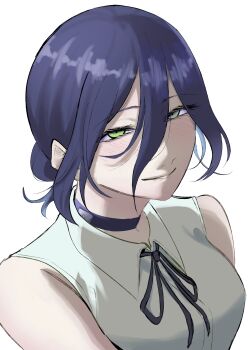 1girl absurdres blush chainsaw_man choker collared_shirt eyelashes green_eyes hair_between_eyes highres looking_at_viewer neck_ribbon nira65gm reze_(chainsaw_man) ribbon shirt short_hair simple_background sleeveless sleeveless_shirt solo upper_body white_background