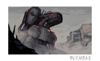 android armor artist_name artist_request border cannon digimon digimon_(creature) fangs full_armor glowing glowing_eyes highres machine mecha mugendramon no_humans robot simple_background sky solo standing tail weapon white_border wire