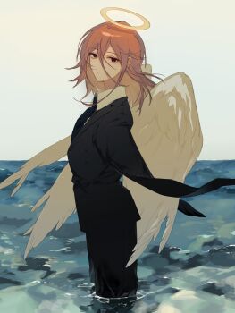 1boy absurdres angel angel_devil_(chainsaw_man) angel_wings black_necktie black_pants black_suit brown_eyes brown_hair chainsaw_man closed_mouth collared_shirt commentary_request feathered_wings formal_clothes from_side hair_between_eyes halo highres horizon long_hair_between_eyes long_sleeves looking_at_viewer male_focus medium_hair mizutani_(zattany) necktie no_hands ocean pants shirt sky solo standing suit traditional_halo wading water white_shirt white_wings wings