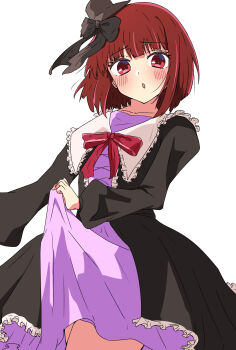 1girl absurdres arima_kana black_bow black_coat black_hat bob_cut bow coat commentary_request dress hair_bow hat highres inverted_bob looking_at_viewer medium_hair open_mouth oshi_no_ko purple_dress red_eyes red_hair red_ribbon ribbon simple_background skirt_hold solo urishima white_background