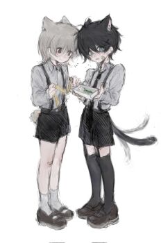 2boys aged_down akinashi_haru animal_ears bandaid bandaid_on_cheek bandaid_on_face black_hair black_necktie black_shorts black_thighhighs blue_eyes box brown_shoes cat_boy cat_ears cat_tail collared_shirt commentary_request dress_shirt grey_hair guzi15613491 hair_ornament highres holding holding_box holding_ribbon male_focus mary_janes multiple_boys necktie red_eyes ribbon saihate_eki shirt shoes shorts socks suspenders tail tatsunami_shion thighhighs white_shirt white_socks x_hair_ornament