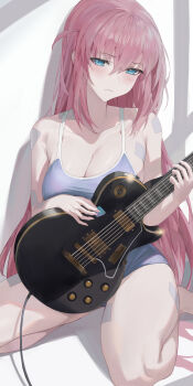 1girl absurdres bandaid bandaid_on_arm bandaid_on_breast bandaid_on_thigh blue_eyes blue_one-piece_swimsuit blush bocchi_the_rock! breasts cameltoe cleavage collarbone electric_guitar far_side gotoh_hitori guitar hair_between_eyes half-closed_eyes head_tilt highres holding holding_instrument holding_plectrum instrument large_breasts long_hair looking_at_viewer one-piece_swimsuit pink_hair plectrum school_swimsuit seiza sitting solo swimsuit thighs