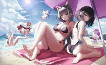 Rule 34 | 4girls, ahoge, akane lize, alternate hair length, alternate hairstyle, animal ears, arahashi tabi, ball, bare legs, barefoot, beach, beach umbrella, beachball, bikini, black bikini, black hair, blanket, blue eyes, blue hair, bottle, breasts, cat ears, cleavage, closed eyes, cloud, collarbone, commentary request, creature, full body, haedungi (shirayuki hina), hair ornament, hairclip, heart, heart hair ornament, juchyoko, korean commentary, large breasts, lens flare, maro (neneko mashiro), multicolored hair, multiple girls, navel, neneko mashiro, ocean, one-piece swimsuit, parallel hairclips, pienna (akane lize), pungdangi (arahashi tabi), racerback, red hair, shirayuki hina, sitting, sky, stellive, streaked hair, sun, swimsuit, twintails, umbrella, water, water bottle, white bikini
