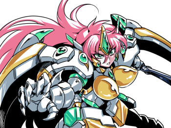 1girl bodysuit breasts green_eyes long_hair looking_at_viewer mecha mecha_musume pink_hair robot simple_background solo super_robot_wars super_robot_wars_original_generation super_robot_wars_the_lord_of_elemental sword teeth tukiwani valsione weapon white_background