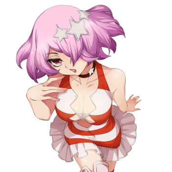 1girl bare_shoulders black_choker boots breasts choker cleavage collarbone commentary covered_navel dr._stone dress eyelashes frills from_above hair_ornament hair_over_one_eye hand_up highres large_breasts lipstick looking_at_viewer luna_wright makeup medium_breasts misubaru_rin parted_lips pink_eyes pink_hair red_lips short_hair solo star_(symbol) star_hair_ornament striped_clothes striped_dress thigh_boots thighhighs transparent_background white_background