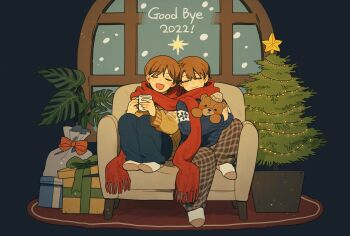 1boy 1girl 2022 black_pants blue_sweater blush box brown_hair brown_pants christmas_lights closed_eyes closed_mouth cup gift gift_box highres holding holding_cup holding_stuffed_toy long_sleeves mug open_mouth original pants red_scarf scarf shared_clothes shared_scarf sihyun25 simple_background sitting smile snow snowing stuffed_animal stuffed_toy sweater teddy_bear tree window