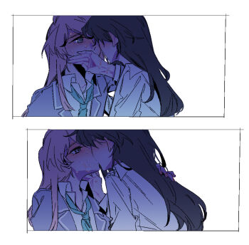 2girls bang_dream! bang_dream!_it&#039;s_mygo!!!!! black_hair chihaya_anon commentary green_necktie grey_eyes grey_jacket haneoka_school_uniform hashtag-only_commentary implied_after_cunnilingus jacket kiss long_hair multiple_girls necktie pink_hair school_uniform shiina_taki simple_background suggestive_fluid white_background yuri z_akane890