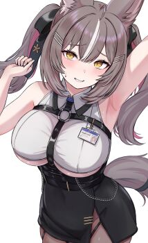 1girl animal_ears arm_up armpits belt black_belt black_skirt blush breasts brown_hair character_request commentary_request copyright_request enumiyaa highres large_breasts looking_at_viewer multicolored_hair shirt skirt solo streaked_hair underboob white_hair white_shirt yellow_eyes