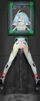 10s 1girl absurdres after_rape aftersex ahoge anklet anus ass bdsm blanc_(neptunia) blue_hair blush bondage bound breasts censored clenched_teeth cum cum_in_pussy cum_pool cumdrip female_focus highres jewelry neptune_(series) nipples one_eye_closed power_symbol power_symbol-shaped_pupils public_use puckered_anus red_eyes restrained screen skin_tight small_breasts solo stationary_restraints symbol-shaped_pupils tears teeth thighhighs through_wall torn_clothes vesperia white_heart_(neptunia) wince
