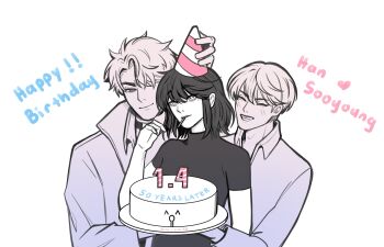 1girl 2boys black_hair bob_cut cake character_name closed_eyes coat collared_shirt food grin han_sooyoung happy_birthday hat head_tilt highres holding holding_cake holding_food kim_dokja lollipop_in_mouth looking_at_viewer mini_cini98 multiple_boys omniscient_reader&#039;s_viewpoint open_clothes open_coat party_hat shirt short_hair smile smirk yoo_joonghyuk