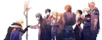 4girls 5boys annette_fantine_dominic aqua_tunic areadbhar_(fire_emblem) arm_up armor arms_up ashe_ubert ashe_ubert_(timeskip) asymmetrical_hair black_armor black_cape black_fur black_hair black_hat blonde_hair blue_cape blue_hair blue_scarf book breastplate buttoned_cuffs buttons female_byleth_(fire_emblem) cape closed_eyes closed_mouth commentary crossed_arms dark-skinned_male dark_skin dedue_molinaro dedue_molinaro_(timeskip) dimitri_alexandre_blaiddyd dimitri_alexandre_blaiddyd_(timeskip) dress english_commentary eyepatch faulds felix_hugo_fraldarius felix_hugo_fraldarius_(timeskip) fire_emblem fire_emblem:_three_houses fur-trimmed_cape fur-trimmed_collar fur-trimmed_sleeves fur_trim gauntlets grey_hair hair_behind_ear hair_ribbon hair_slicked_back hand_on_own_hip hat highres holding holding_book holding_hands holding_polearm holding_weapon ingrid_brandl_galatea ingrid_brandl_galatea_(timeskip) kneeling leather_armor leggings long_sleeves looking_at_another medium_hair mercedes_von_martritz mercedes_von_martritz_(timeskip) multicolored_dress multiple_boys multiple_girls nintendo orange_hair orange_shawl ornate_weapon pauldrons polearm ponytail qiniing red_fur ribbon scarf shawl short_hair short_ponytail shoulder_armor simple_background single_pauldron sleeve_cuffs smile standing sylvain_jose_gautier sylvain_jose_gautier_(timeskip) tunic weapon white_background white_fur white_hair