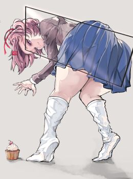 1girl bent_over blue_skirt crunnix cupcake doki_doki_literature_club food hair_ribbon highres natsuki_(doki_doki_literature_club) pink_eyes pink_hair ribbon short_hair skirt solo thighhighs thighs white_background