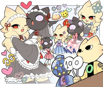 +++ 1boy 1other 2girls :d alternate_costume apron black_dress blush border bright_pupils cat_boy cat_girl chien_(nine_sols) commentary dress english_commentary enmaided food furry furry_female furry_male heart heng_(nine_sols) highres holding holding_plate holding_sign maid maid_apron multiple_girls multiple_views nine_sols one_eye_closed open_mouth outside_border plate pleated_skirt pudding purple_eyes red_eyes sailor_collar sailor_shirt school_uniform shanhai_9000_(nine_sols) shirt sign skirt smile w white_border white_pupils yi_(nine_sols) yyang_gg